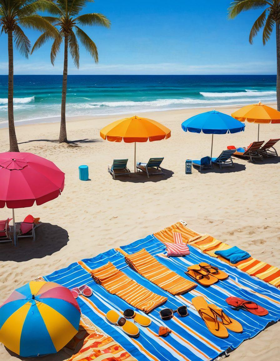 A vibrant beach scene featuring a sunny blue sky, golden sand, and playful waves. In the foreground, a chic collection of colorful beachwear items like swimsuits and accessories scattered on a beach towel. In the background, a projector screen displaying iconic summer films with silhouettes of people enjoying movies under the sun. Brightly colored beach umbrellas and beach balls add a playful touch. super-realistic. vibrant colors. sunny atmosphere.